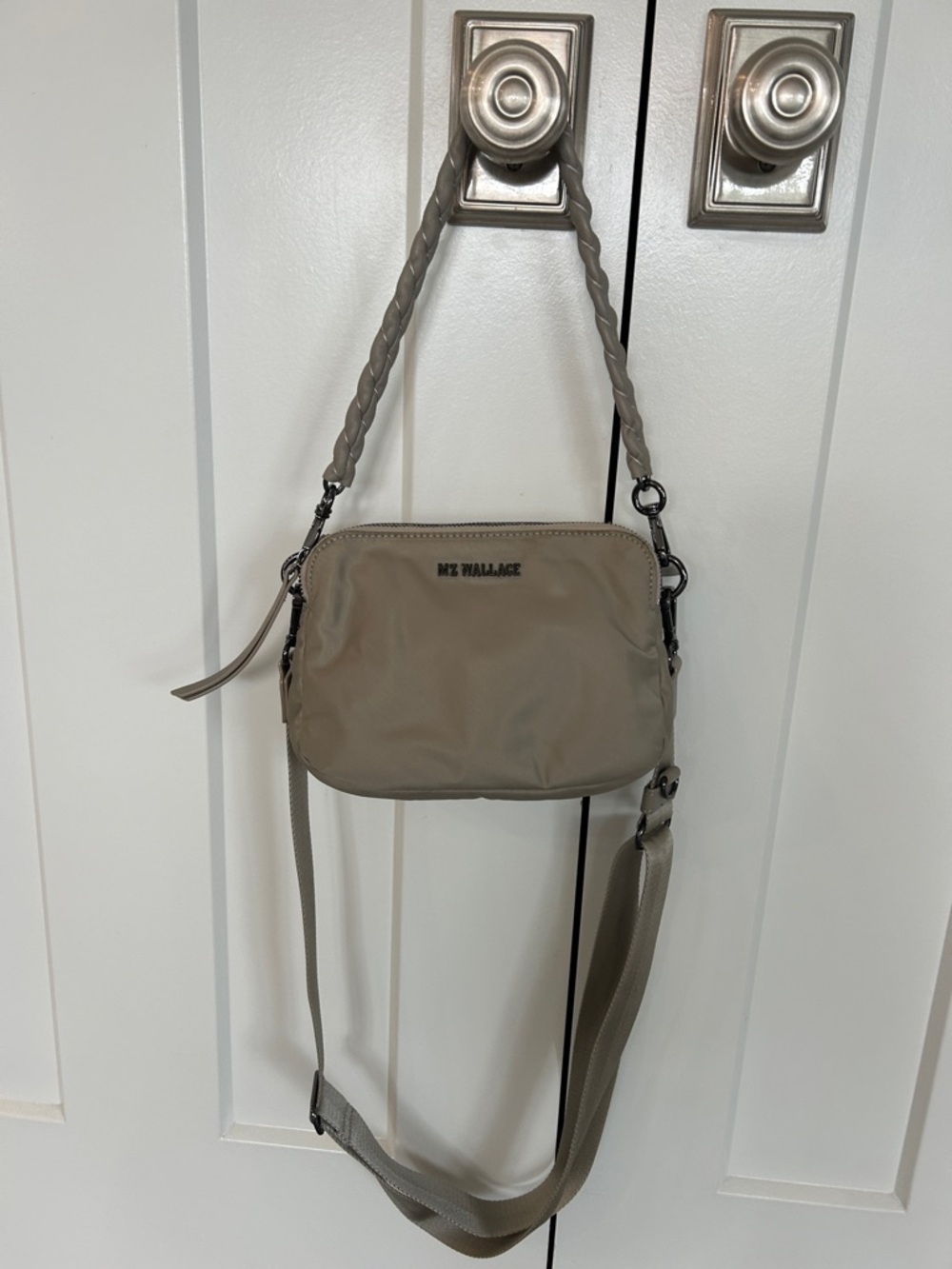 MZ Wallace Taupe Nylon Mini Crossbody with Braided Handle